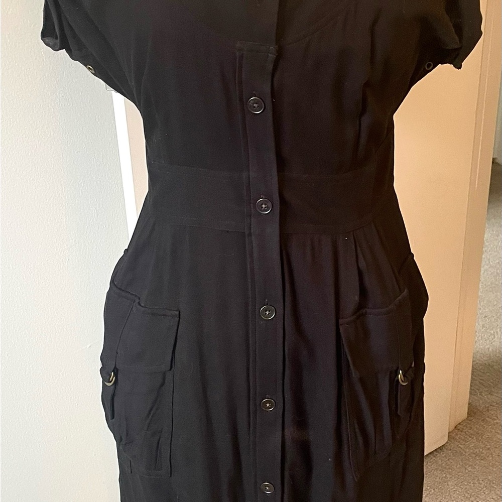 Maeve Black Midi Dress with Button Front and Metal Detail